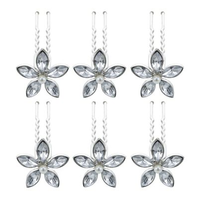 Silver floral crystal hair pin set
